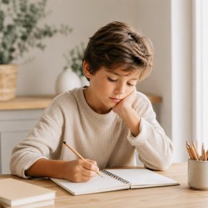 Niño escribiendo en un cuaderno mientras reflexiona, representando el diálogo interno, la autoestima infantil y la confianza en sí mismo en niños.